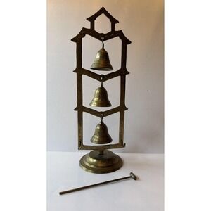Vintage Brass Bell Tree 3 Etched Bells Stand Striker India Meditation Boho